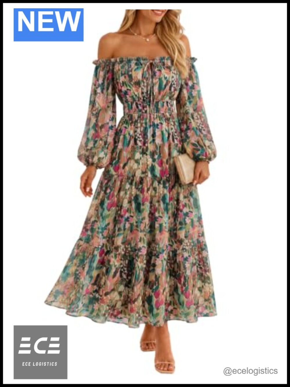 Long Sleeve Floral Chiffon Maxi Dress A-Line Off Shoulder Pockets
